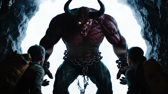 Adventurers Encounter Fearsome Minotaur Monster in Dark Cave.
