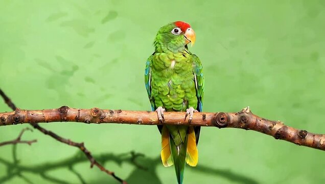 Green parrot perched on branch isolated on green screen as background