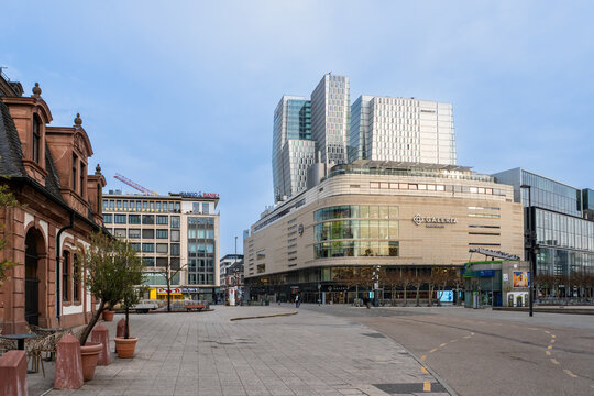 Exterior view of famous German shopping mall Galeria facade located in central city pedestrian zone