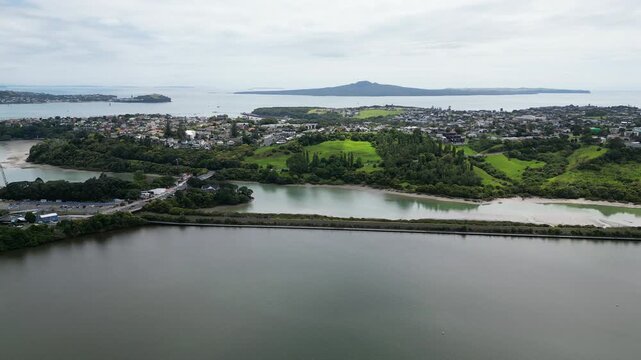 Drone Half Circle Orbit Showing Orakei Basin and Rangitoto Auckland, New Zealand