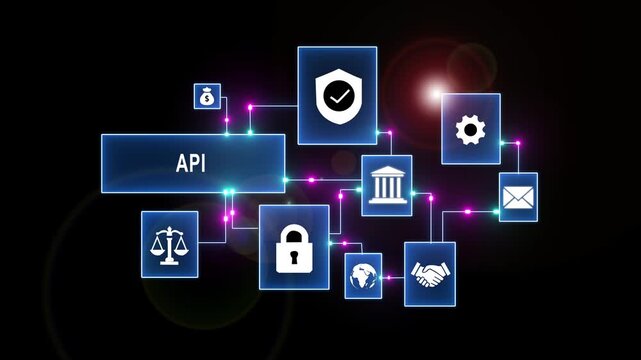 API connection network diagram with security, data, finance and communication icons, technology concept, dark background with lights