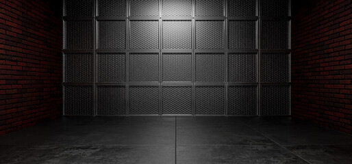 Fototapeta premium Hangar, garage, exhibition hall. Basement, industrial background, red brick backdrop for design. Industrial background. Background for a poster or painting mockup. Futuristic background. 3D render
