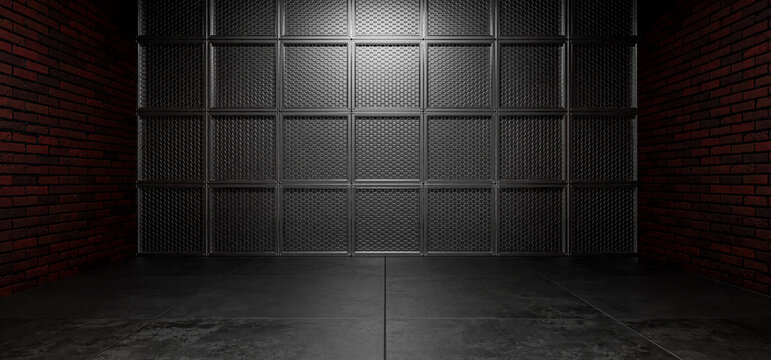 Hangar, garage, exhibition hall. Basement, industrial background, red brick backdrop for design. Industrial background. Background for a poster or painting mockup. Futuristic background. 3D render