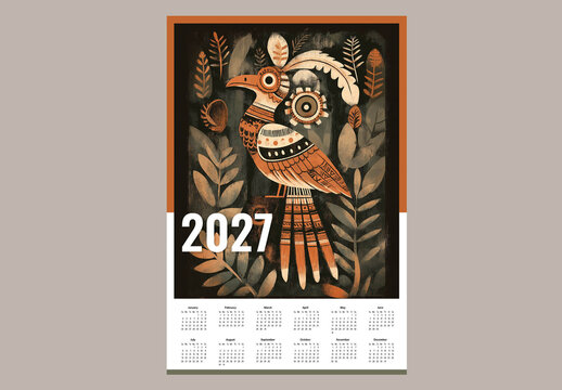 2027 Illustrated Bird Calendar. Folk Art Poster Layout