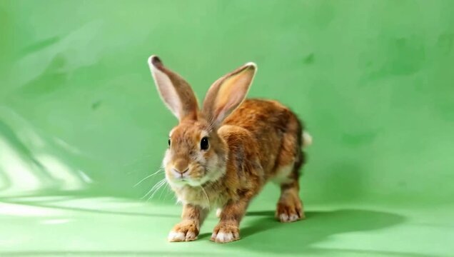 Playful rabbit on green studio backdrop captured in motion.
