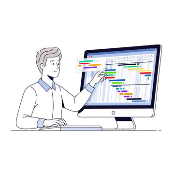 Man planning project on Gantt chart timeline displayed on computer screen
