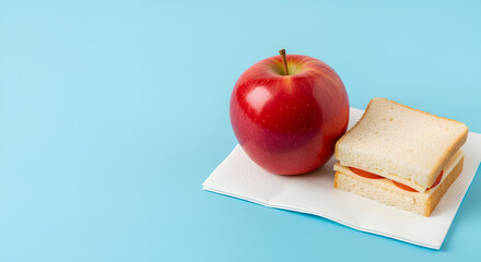 Modest school snack (apple, small sandwich) placed on a plain paper napkin in the lower right of a pastel blue surface, large empty left and upper area as negative space, realistic school nutrition.