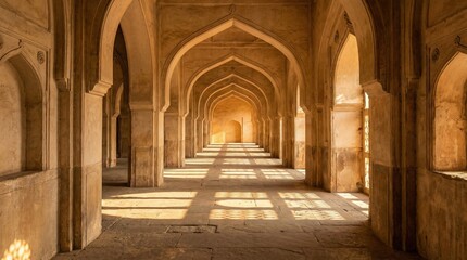 Obraz premium Cinematic Corridor of Repeating Islamic Arches with Leading Lines and Geometric Shadow Rhythm
