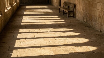 Obraz premium Repeating Arch Shadows on a Blank Stone Floor in Warm Afternoon Light