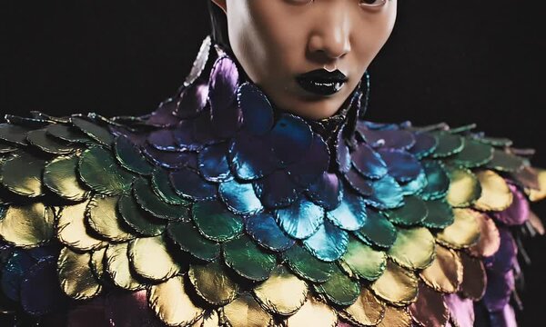 Model wears iridescent scale armor collar against dark background for fashion show