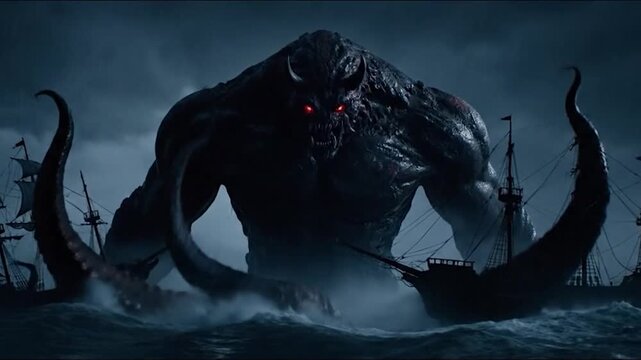 Giant Sea Monster Attacks Ships During Stormy Seas.