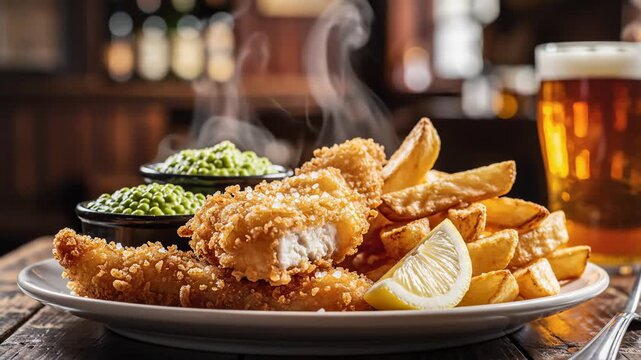 Serving Traditional English Fish and Chips With Peas and Beer in Pub Setting