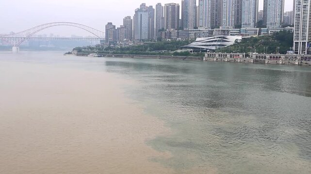 Jialing river merges with Yangtze River at Chongqing. It is a remarkable view when the colour of the water can be seem differential clearly