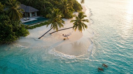 Aerial View of Secluded Luxury Villa White Sand Beach and Turquoise Ocean