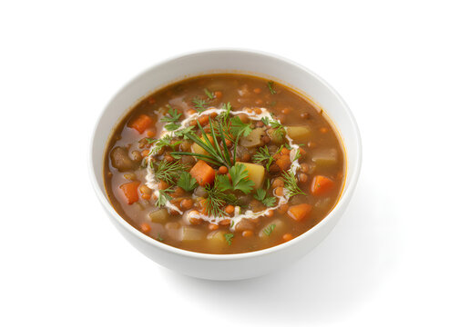 Linsensuppe mit Gem&uuml;se und Kr&auml;utern auf wei&szlig;em Hintergrund
