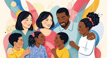 A vibrant, modern illustration celebrates Mothers Day with a diverse family embracing together, showcasing love and unity in a colorful, abstract environment from a close-up viewpoint