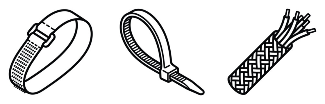 Cable management set thin line vector icon hook and loop fastener zip tie wire sleeve organizer tool.