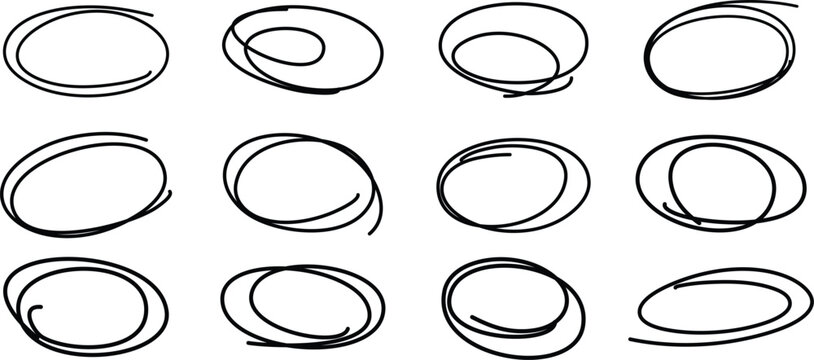 Hand Drawn Scribble Oval Highlight Frames, Brush Marker Doodle Ellipses and Circle Line Set Vector stock illustrator