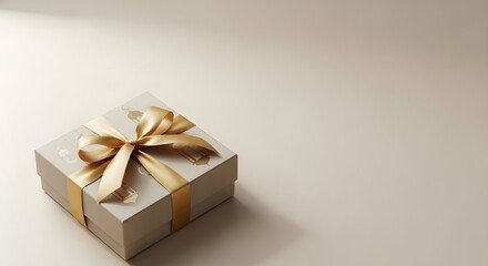 Obraz premium Square gift box with gold ribbon and lantern motifs, suggesting Ramadan greetings and festive gift exchange, elegant design for special events