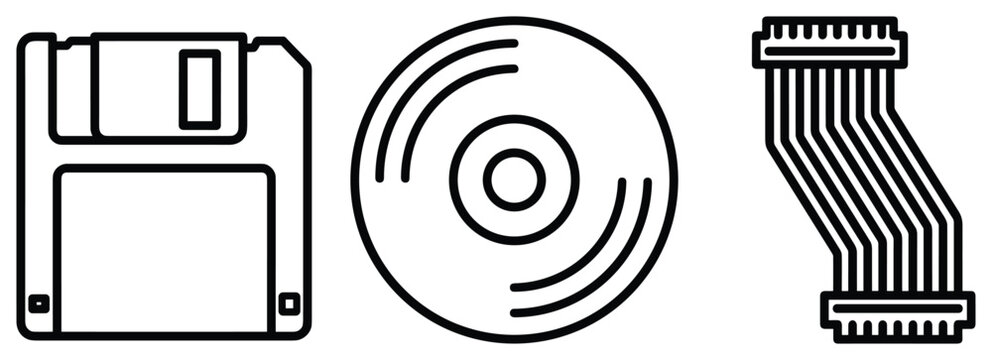 Floppy disk cd and cable computer parts for vintage storage and connection technology.