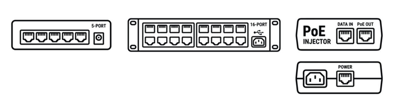 Modern network switch router and poe injector connectors ports ethernet connection and network.