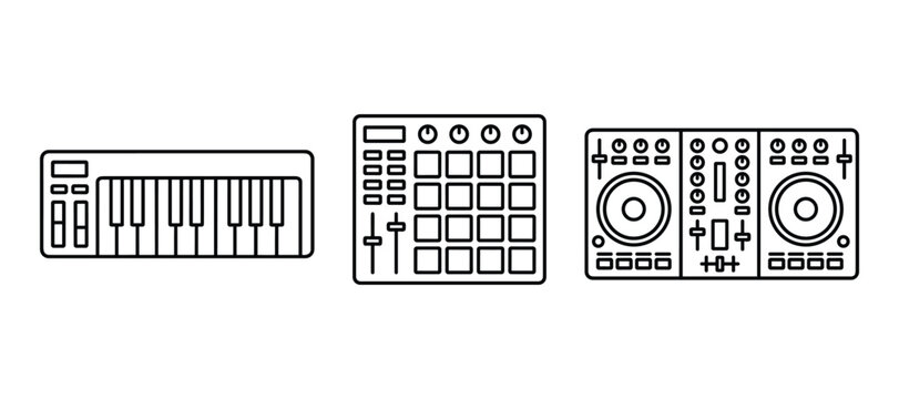 Music creating sound and playing equipment such as keyboard drum machine and midi controller.