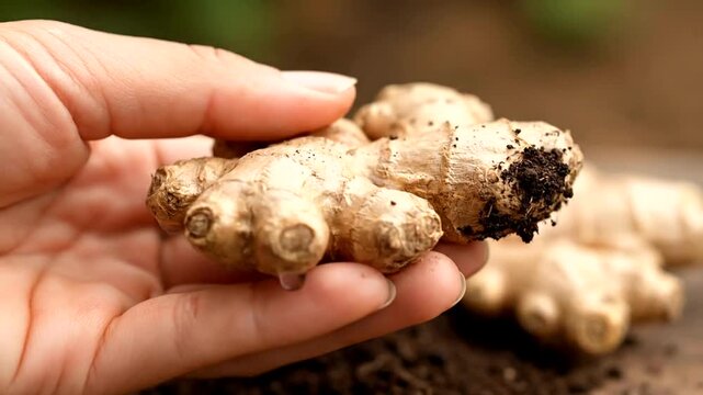 Close-up of a hand holding fresh ginger root in soil.