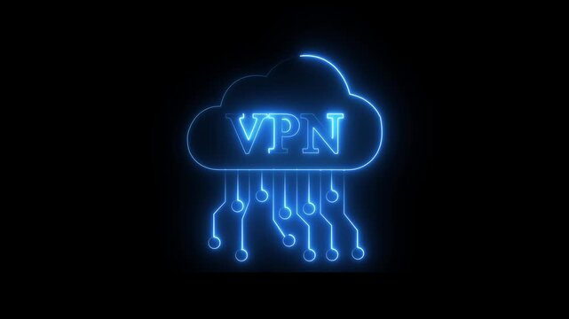 glowing neon Cloud VPN icon animation. VPN Cloud Icon with Connection Symbol on Black Background Virtual Private Network Security Symbols. Software animation.4k video animation