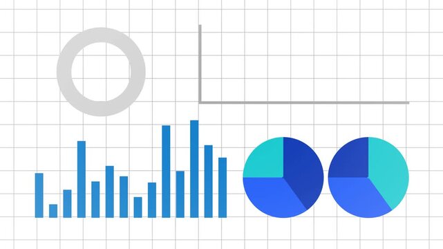 Animated business financial dashboard with blue pie charts, bar graphs, and line charts showing growth and data analysis on a white grid background