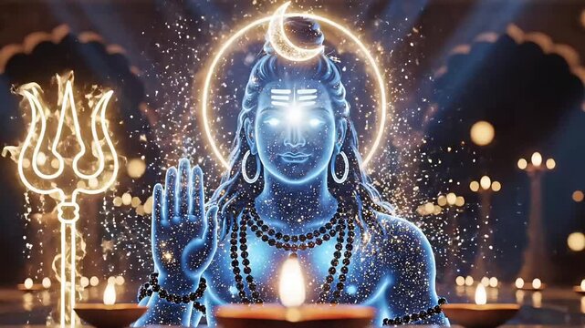 Shiva blessing light meditation video motion animated footage and animation for Maha Shivratri with glowing trident sacred lamps and cosmic spiritual festival background
