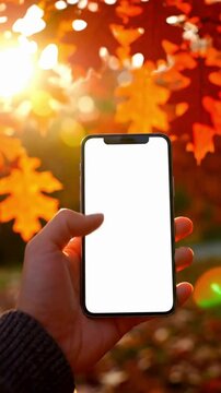 Autumn scene hand holding smartphone with white screen against backdrop of vibrant orange and red fall leaves and bright sunlight