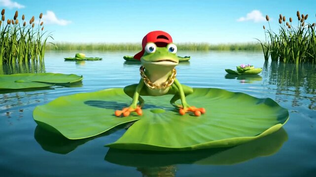 Cool 3D cartoon frog with gold chain and cap breakdancing headspin on lily pad in pond animation
