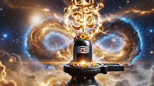 Shiva Om cosmic infinity symbol with golden light video motion animated footage and animation for Maha Shivaratri spiritual devotion background