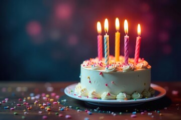 Single colorful birthday cake with glowing candles , light, food