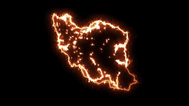 Animated neon Iran map outline glowing with burning effect on black background representing Iranian territory geography and middle east region