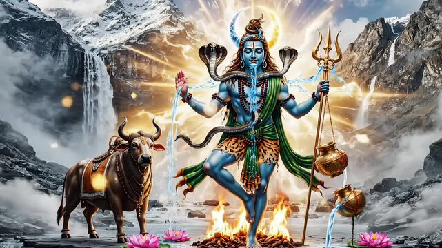 Shiva cosmic dance with sacred fire and flowing river in snowy mountain temple video motion animated footage and animation for Maha Shivaratri spiritual celebration