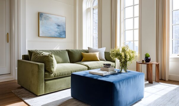 a living room with an olive green sofa and blue ottoman, minimalist-style home deco