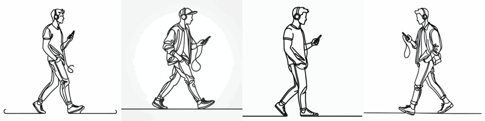 line art of a man walking listening to music on his cell phone