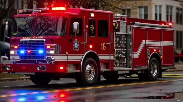 Medium-wide cinematic shot of a fire truck parked on a city street with emergency lights flashing. Natural daylight combined with dynamic lighting and a smooth lateral camera movement conveys urgency
