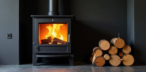 Sleek black stove; vibrant flames beside stacked logs, fireplace, interior
