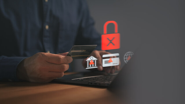 Cybercrime and credit card fraud concept on laptop. Security breach, scam, and payment protection icons for digital data safety and hacker prevention in online banking.