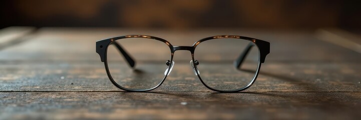 Sleek eyeglasses resting on rustic wooden table, glasses, eyeglasses