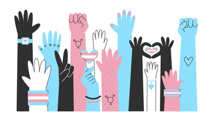 Transgender hands, awareness and visibility banner. Cisgender and genderqueer hands with trans flag colors and symbols. Diversity and human rights concept. © Kasia Popova
