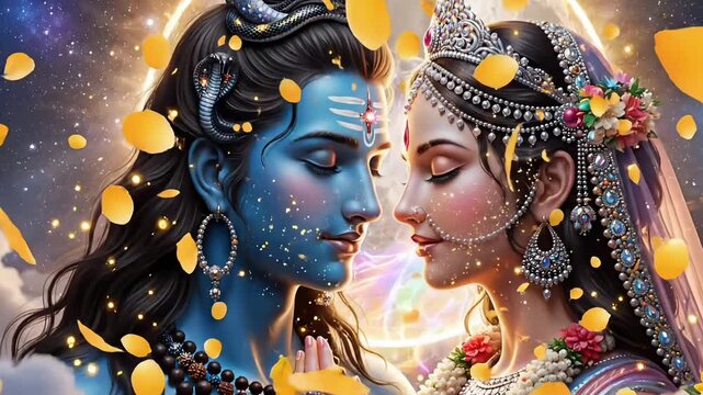 Shiva and Parvati cosmic union video motion with glowing moon and flowers creating animated footage and animation for Maha Shivaratri spiritual festival