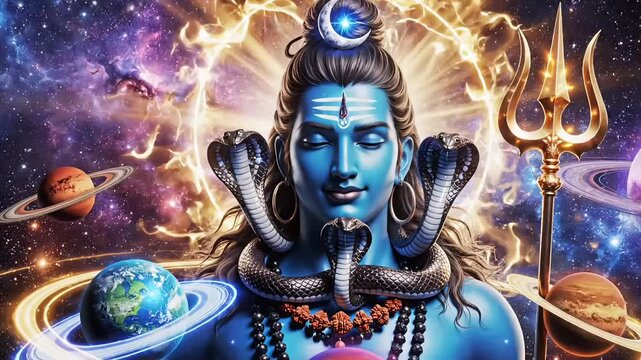Shiva cosmic meditation with glowing planets and celestial light creating spiritual energy video motion animated footage and animation for religious festival visuals