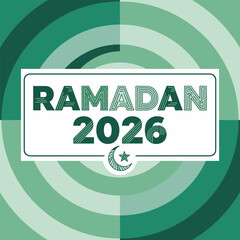Flat illustration of Ramadan 2026 celebration with crescent moon and star