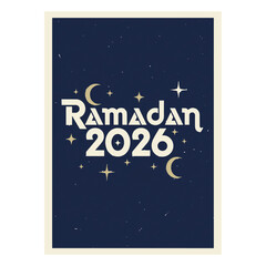 Flat illustration of Ramadan 2026 greeting card with stars and moon in night sky
