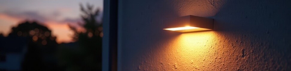 Sleek solar wall light casts warm glow at dusk, design, glow