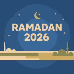 Flat Illustration of Ramadan 2026 Celebration with Mosque and Crescent Moon