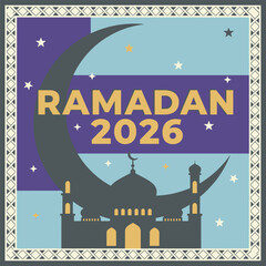 Ramadan 2026 illustration featuring mosque and crescent moon in festive scene